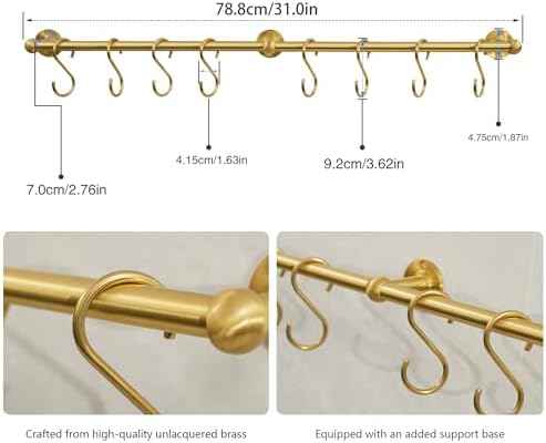 31 Inch Brass Pot Rack Wall Mounted, Kitchen Rail with Hooks for Pots, Pans, Mugs and Utensils, Segmented Wall Hanging Rack, Includes 8 S-Hooks