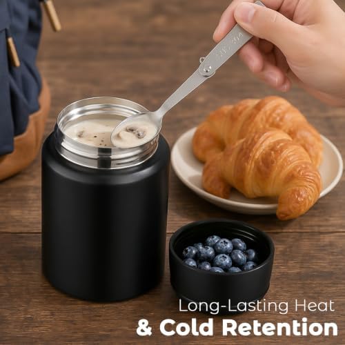 16oz Insulated Food Jar with Spoon, Stainless Steel, Black