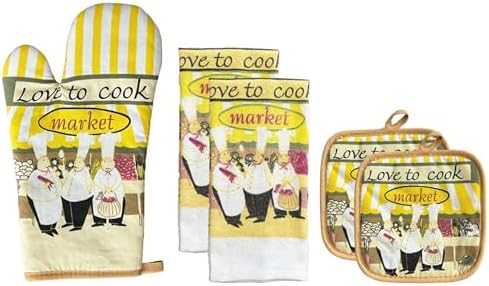 100% Cotton Printed Kitchen Linen Set of 5, 2 Kitchen Towels, 2