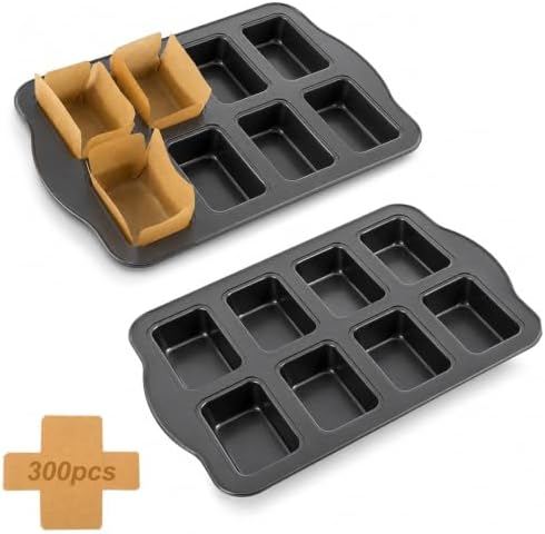 2 Pack Mini Loaf Pans for Baking with 300 Parchment Liners, 8-Cavity