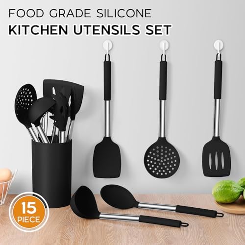 Onader 15-Piece Silicone Kitchen Utensil Set, Black