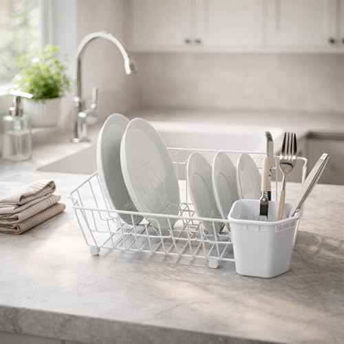 Oggi Compact Dish Drying Rack - White Metal Dish Drainer Rack, Drying Rack Kitchen, Dish Rack, Dish Racks for Kitchen Counter, Durable Coated Metal Kitchen Drying Rack with Cutlery Holder