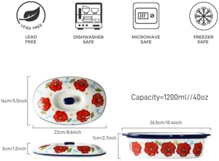Floral Ceramic Casserole Dish with Lid – 40oz Oval Baking Dish