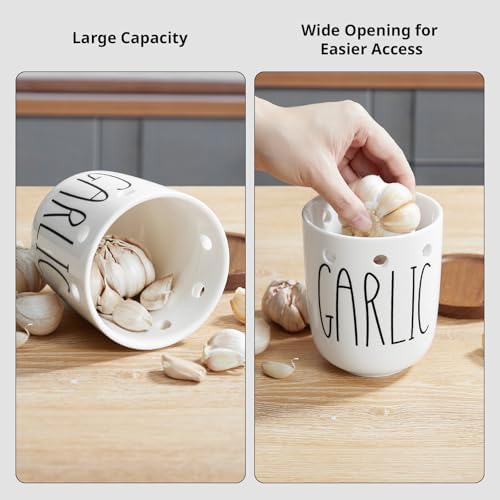 Ceramic Garlic Keeper for Counter, Large Garlic Holder with Acacia