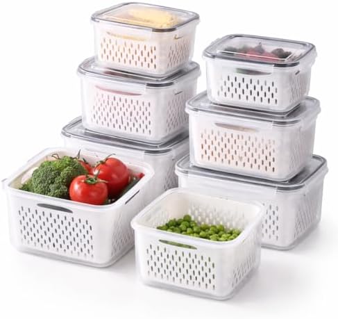 Stackable Food Storage Containers with Drain Basket, BPA-Free Produce