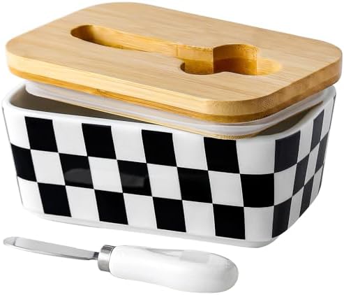 Butter Dish with Lid for Countertop, Checkered Ceramic Butter