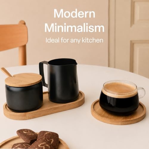 MIAMIO - Cream & Sugar Jar Set Stainless Steel with Bamboo Tray