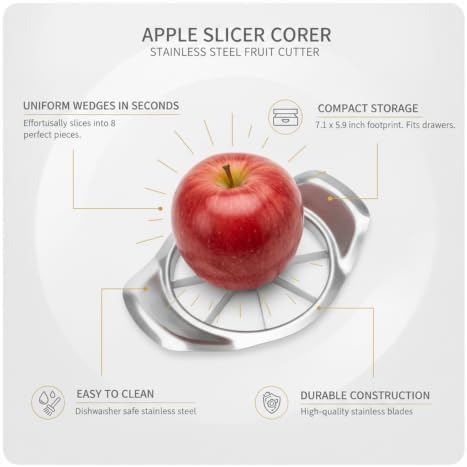 Apple Slicer Corer, Stainless Steel Fruit Cutter for Uniform Wedges