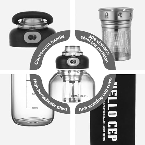 34oz Glass Water Bottle with capacity Mark & Stainless Steel Tea