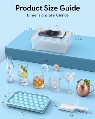 Ice Cube Trays with Lid and Bin, BPA-Free Mini 0.8 Inch Sphere Ice