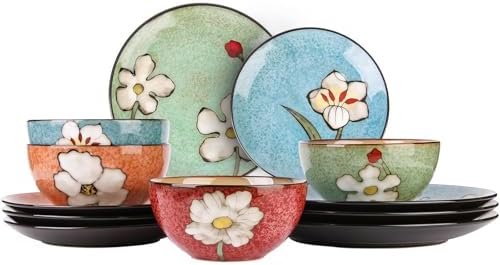 Plates and Bowls Sets,12 Pieces Kiln Changed Glaze Ceramic Dinnerware