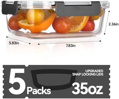 BAYZZ 5-Pack 35 Oz Glass Food Storage Containers with Lids, Gray