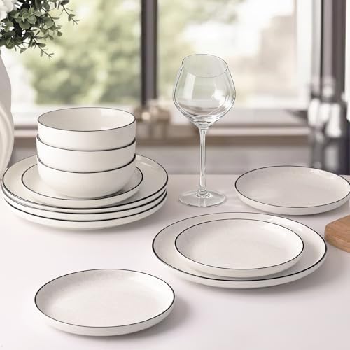 Plates and Bowls Sets for 4,12 Pieces Ceramic Dish set, White