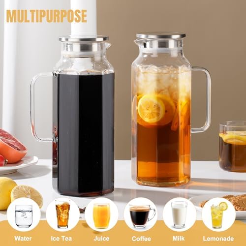 2 Pack 2 Liters/68 oz Octagon Glass Water Pitcher with Lid and Spout