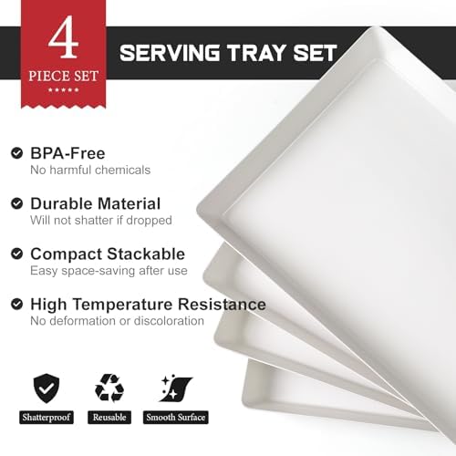 4-Pack Plastic 16" x 11" Large White Serving Trays Set - Reusable
