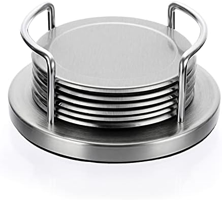 JUXYES Set of 6 Stainless Steel Metal Round Coaster with Holder for