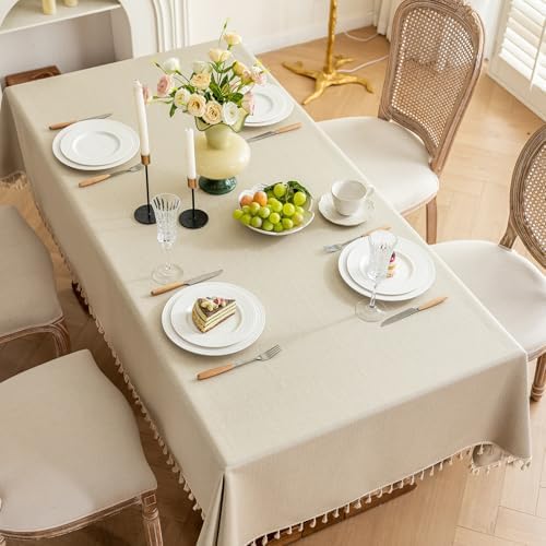 Heavyweight Polyester Square Tablecloth with Tassels, Warm Beige, 55 x