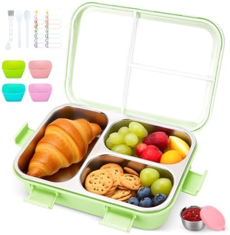 Stainless Steel Lunch Box for Kids, 3 Compartments, Green