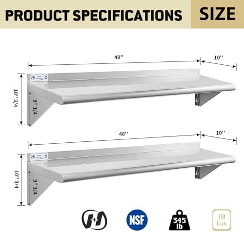 Hally Stainless Steel Wall-Mounted Shelves, 2 Pack, 10"x48"