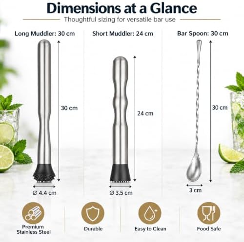 Stainless Steel Cocktail Muddler for Cocktails Set, 8 & 12 Inch