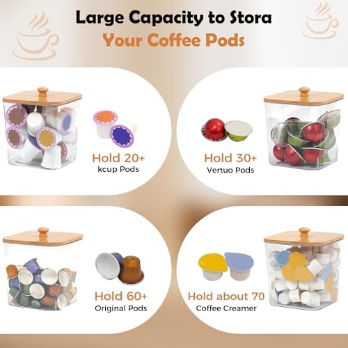 Coffee Pod Storage Containers with Bamboo Lid, BPA-Free Clear Coffee