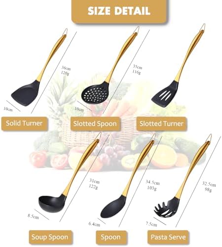 Silicone Cooking Utensils Set, 9 Pcs, Stainless Steel Handle, Gold