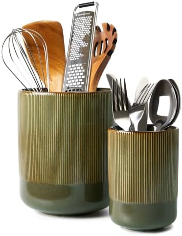 Pokini Kitchen Utensil Holder Countertop, 7.3"+5.3" Ceramic Utensils Crock