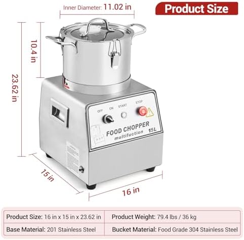 1400W Stainless Steel Food Processor, 16QT Commercial Capacity
