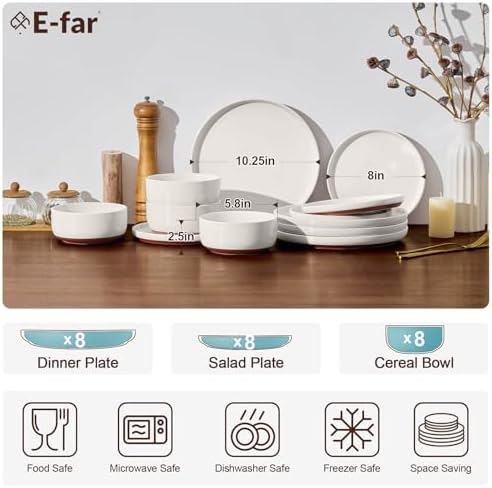 E-far Plates and Bowls Sets, 24Pcs Stoneware Ceramic Dinnerware Dishes Sets