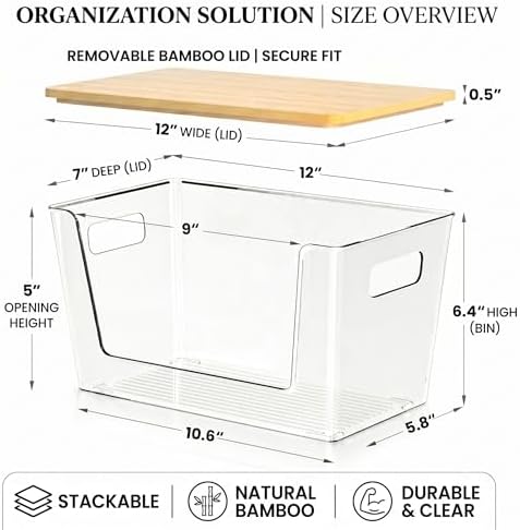 CiWiVOKi 6 Pack Clear Stackable Storage Bins with Bamboo Lids, Trash