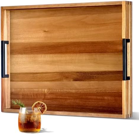 22-in Acacia Wooden Serving Tray with Black Metal Handles