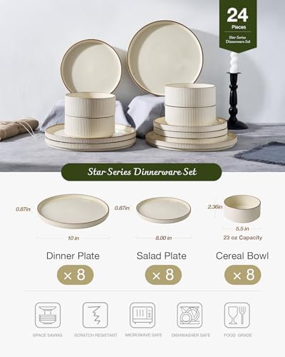 Famiware Stoneware Dinnerware Set for 8, Rimmed Plates, Bowls, Cream Dishes