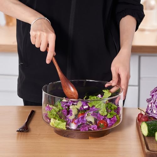 LiTY Glass Salad Bowl Set, 9′′ Medium Salad Servers with Acacia Wood
