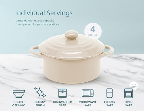 Kook Mini Cocotte, Lids, Handles, Dutch Oven, Set of 4, 12 oz, Ivory