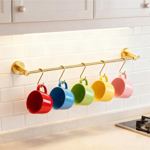 NEWRAIN Pot Rack Wall Mounted, 21 inch Hanging Pot and Pan Hanger, Stainless Steel Kitchen Rail Coffee Mug Rack with 10 S Hooks,Brushed Gold