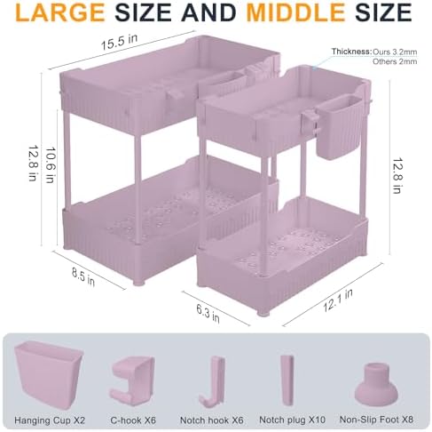 Sevenblue 2-Pack Under Sink Organizer with Hooks & Hanging Cup for