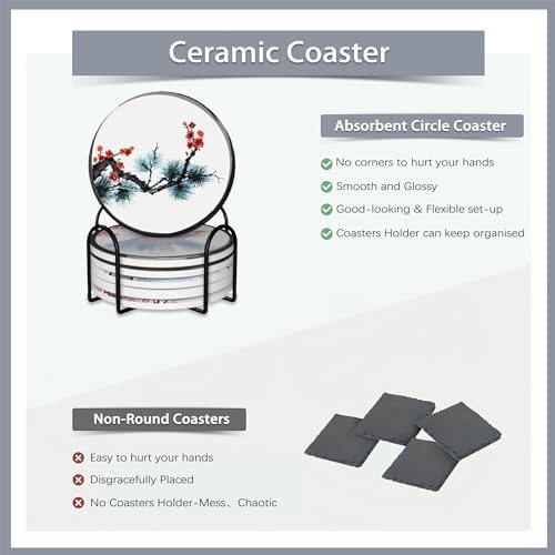 Drink Coasters Set of 6 with Holder,Japanese Cherry Blossom and