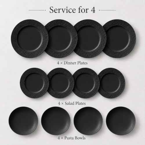 Villeroy & Boch Manufacture Rock 12 Piece Dinnerware Set, Matte Black