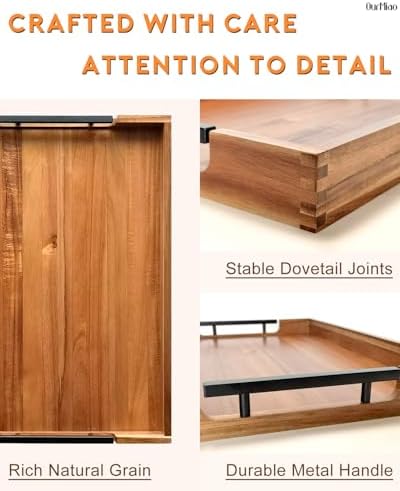 22 Inch Acacia Wooden Serving Tray with Black Metal Handles