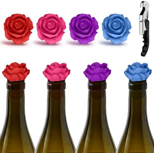 5‐Pack Silicone Wine Stopper Set, Rose Bottle Stopper+Wine Opener