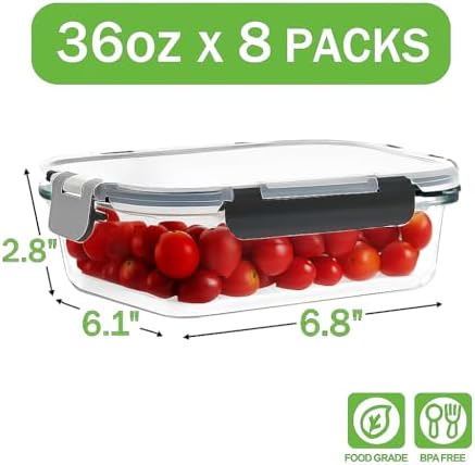 8-Pack 36oz Large Glass Meal Prep Containers