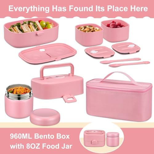 Pawtong Bento Lunch Box with 8oz Soup Thermo, Pink