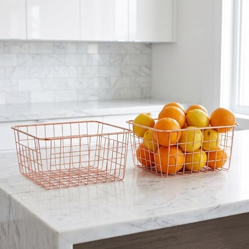Jucoan 4 Pack Metal Wire Storage Baskets, Rose Gold Wire Baskets with