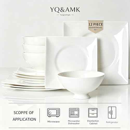 YQ&AMK Ivory White Porcelain Dinnerware Set, 12-Piece Square Dishes for 4 | Dinner Plates, Dessert Plates & Bowls