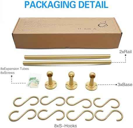 31 Inch Brass Pot Rack Wall Mounted, Kitchen Rail with Hooks for Pots, Pans, Mugs and Utensils, Segmented Wall Hanging Rack, Includes 8 S-Hooks