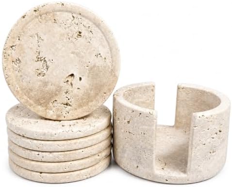 POHS Travertine Coasters Set of 6 with Holder – 3.75" Round Natural