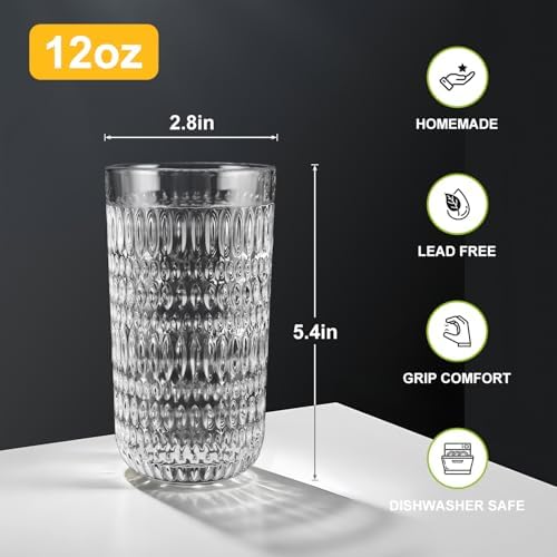 Highball Glasses Set of 6, 12oz Crystal Drinking Glasses, Lead-free
