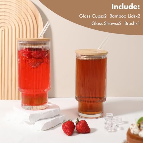 Glass Cups with Bamboo Lids and Straws - 16 oz Reusable
