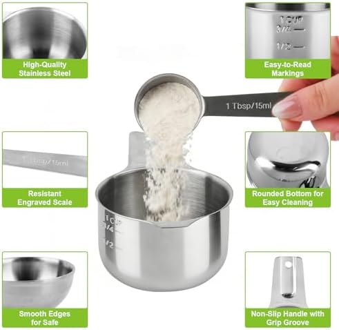 Stainless Steel Measuring Cups and Spoons Set of 10, Nesting Measuring Cup Set - 4 Cups 6 Spoons, Stackable Measure Cup Spoon Set for Dry & Liquid,Dishwasher Safe Kitchen Tools Cooking Baking Supplies