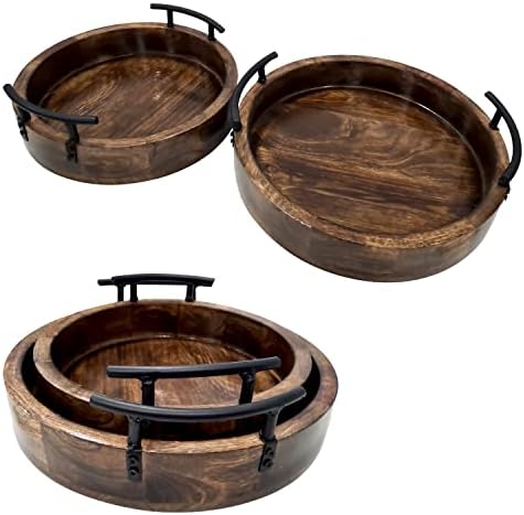 Handmade Round Wooden Serving Tray Set of 2 Rustic Deep Design with